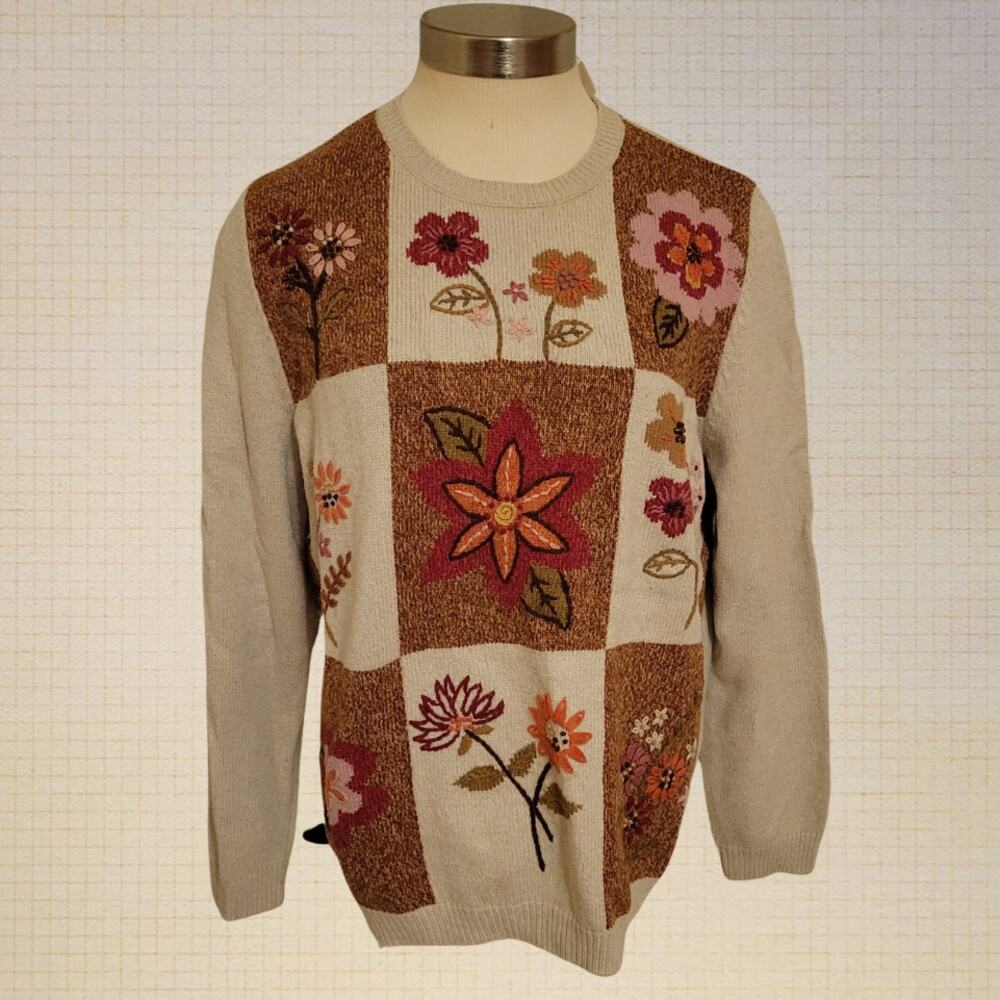 90s Cottagecore Alfred Dunner Floral Embroidered Patchwork Sweater L Silk Wool